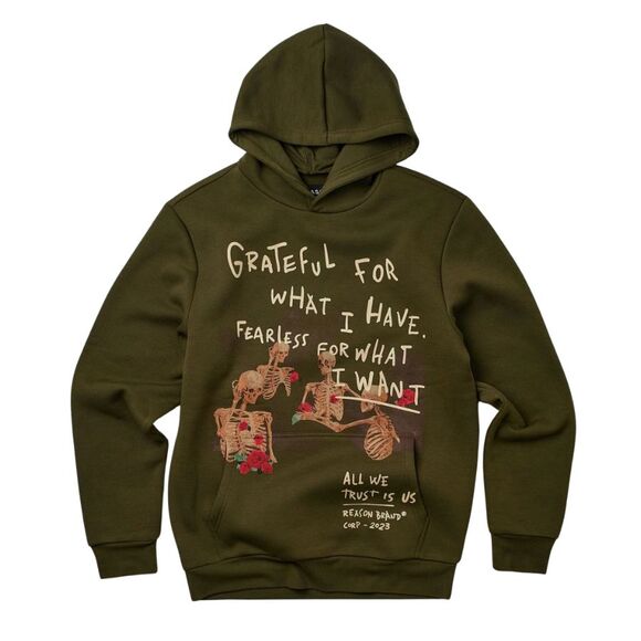Reason Other - Reason Graphic Hoodie Men’s XL Olive Green Skeleton Roses Grateful Pullover